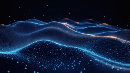 Abstract digital wave landscape composed of glowing blue and orange dots forming smooth, flowing hills against a dark background with scattered light particles