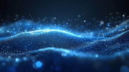 Abstract blue glowing particles forming wave-like patterns on a dark background with a sense of depth and motion