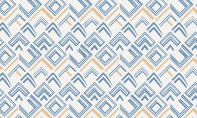 Blue and gold geometric seamless pattern with abstract diamond and chevron shapes, Ethnic inspired vector background