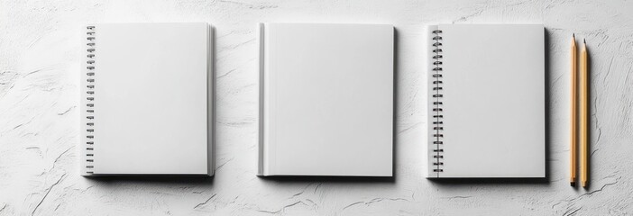Three blank white notebooks with two pencils on a textured white surface symbolizing creativity and preparation