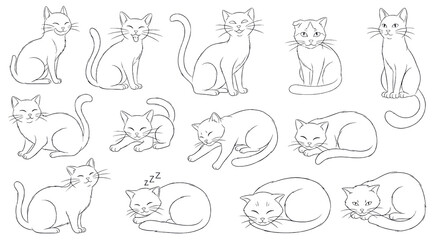 Fototapeta premium Collection Of Stylized Cat Silhouettes In Various Poses Isolated on Transparent Background