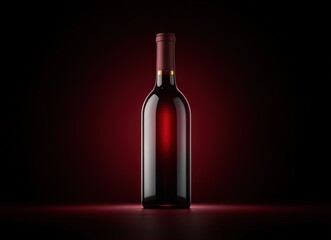 Single dark glass bottle filled with red liquid standing on a reflective surface with a deep red gradient background creating a moody atmosphere