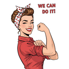 Vintage 'We Can Do It!' Rosie the Riveter Illustration. Empowered woman flexing bicep, a strong symbol of female power, determination, and resilience. Retro graphic for inspiration and success.