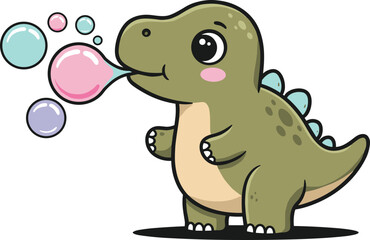 Cute cartoon dinosaur blowing colorful soap bubbles, adorable baby dino illustration, funny prehistoric character, vector cartoon art for kids, isolated white background