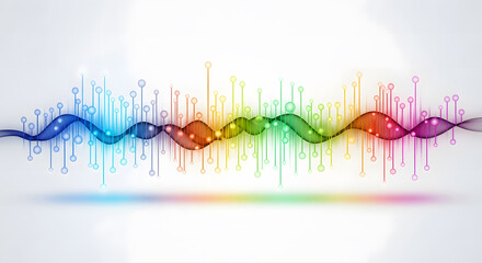 Naklejka premium Abstract visualization of a colorful sound wave with digital elements and light effects.