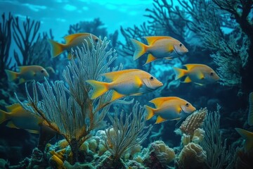Fototapeta premium Underwater scene with a school of orange fish swimming among coral and sea plants in a vibrant blue ocean environment