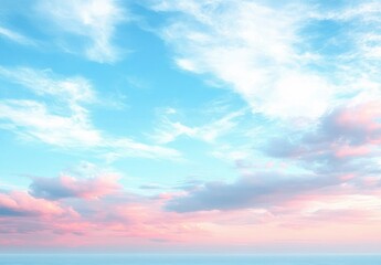 Fototapeta premium Vibrant sky at sunset with soft pink and blue clouds over a calm horizon, evoking tranquility and peacefulness