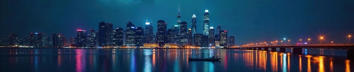 Obraz premium Sleek Modern Cityscape at Night Reflecting Lights of Busy Office Buildings, Representing the Vibrant Energy of Urban Business and Travel. Ideal for Travel and Corporate Marketing.