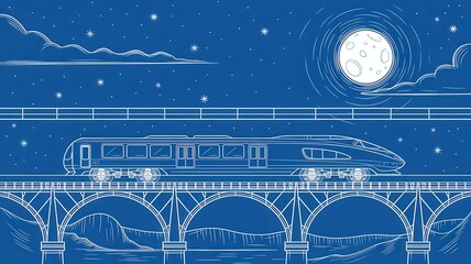 Dreamy futuristic train travels under moonlight on high bridge, promising adventure and inspiring imagination for transportation innovation ads