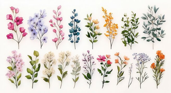 Arrangement of various delicate and colorful watercolor flower illustrations with green leaves on a white background evokes calm and natural beauty