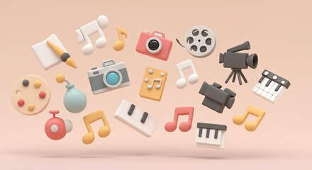 A vibrant collection of 3D rendered icons representing various art and creative activities, including music, photography, and painting.
