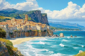 Coastal village perched on rocky cliffs overlooking turquoise sea waves under a bright blue sky with fluffy clouds and distant mountains