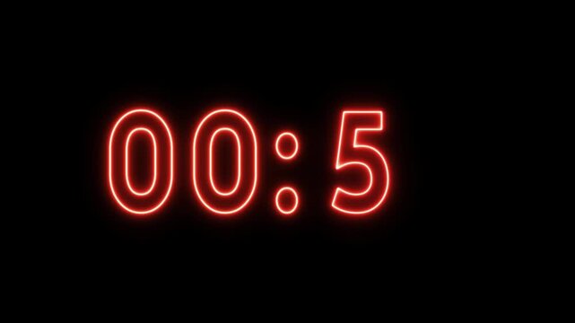 Neon counting timer animation. Neon 53 seconds timer animation. Glowing neon counter number.