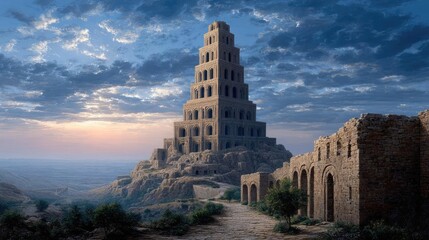Ancient city of Babylon with Babel tower concept. An ancient tower stands against a dramatic sunset backdrop.
