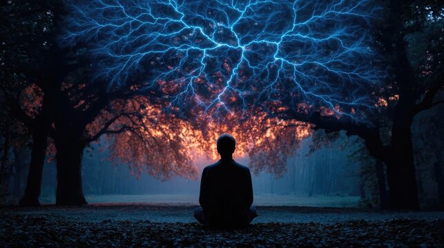 Brain sleep and mindful meditation waves concept. A serene figure meditates under a beautifully surreal tree.