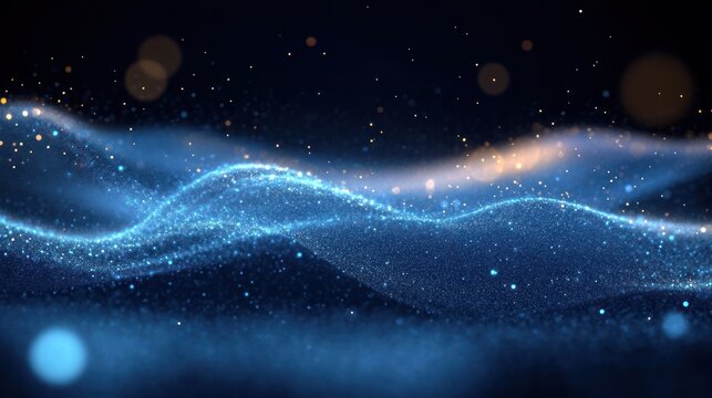 Abstract glowing blue wave of sparkling particles flowing in dark space with golden light accents creating a sense of motion and depth