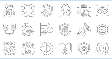 AI Ethics related line icons set. Including AI, moral, security, law, human relation, vision, transparency, and so on. Vector editable stroke.