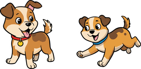 Obraz premium Cute cartoon puppies playing together, adorable happy dogs with collars, funny pet illustration, friendly domestic animals, joyful puppy character design vector