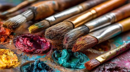 Fototapeta premium Set of accessories for painting with brushes and paints concept. Close-up of art brushes resting on a colorful paint palette.