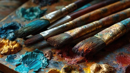 Obraz premium Set of accessories for painting with brushes and paints concept. Colorful paint brushes on a wooden palette with vibrant hues.