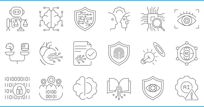 AI Ethics related line icons set. Including AI, moral, security, law, human relation, vision, transparency, and so on. Vector editable stroke.