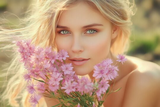 Close-up portrait of a blonde woman with blue-green eyes holding a bouquet of vibrant pink flowers, bathed in soft natural sunlight, evoking a serene and elegant mood - Powered by Adobe
