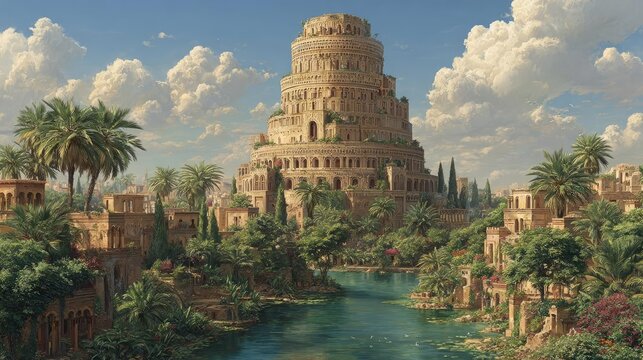 Ancient city of Babylon with Babel tower concept. A majestic tower surrounded by lush greenery and a serene river.