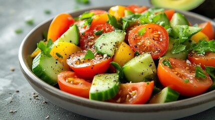 Vibrant Salad with Tomatoes and Avocado: Isolated image of a fresh, colorful salad with vibrant tomatoes, cucumbers, and avocado.