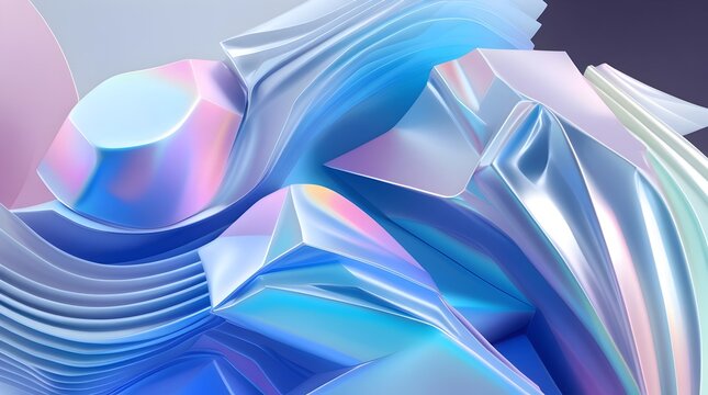 3D abstract geometric shapes with intricate details and reflective surfaces in soft holographic pastel colors such as pale pink, baby blue, and mint green, with a subtle gradient effect to create a se