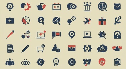 Obraz premium Collection of various business and finance icons, suitable for web design and presentations.