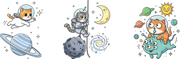 Cute cats in astronaut suits exploring planets, moon, and galaxy, funny space adventure cartoon, adorable cosmic animal vector illustration