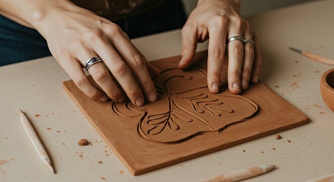 Close-up of hands carving a leaf pattern into a square piece of clay with tools.