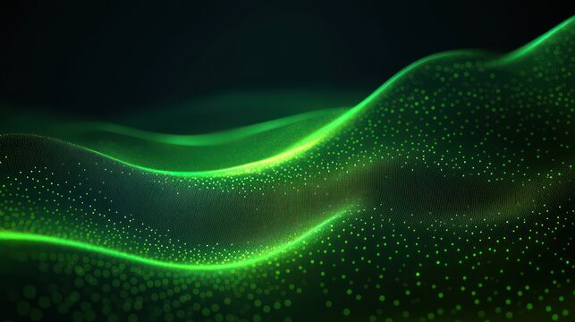 Abstract flowing green wave-like pattern formed by glowing particles and dots creating a futuristic and dynamic digital landscape on a dark background