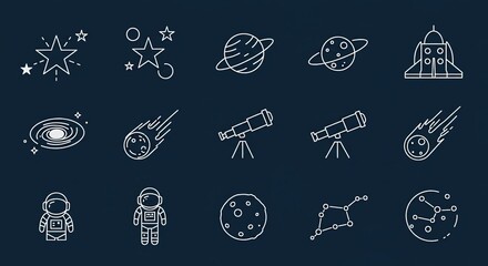 A collection of white line art icons depicting various space and astronomy elements on a dark blue background.