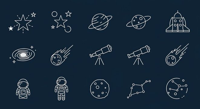 A collection of white line art icons depicting various space and astronomy elements on a dark blue background.