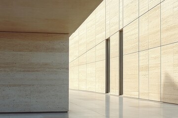 Fototapeta premium Minimalist modern architectural exterior with smooth large stone panels and reflective polished floor in bright natural light