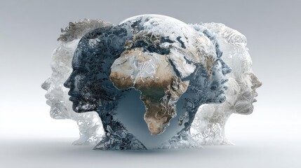 Mental health as global rising concern concept. Conceptual illustration of human faces and planet earth.