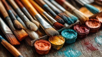 Fototapeta premium Set of accessories for painting with brushes and paints concept. Close-up of brushes and paints, perfect for artists and creators.