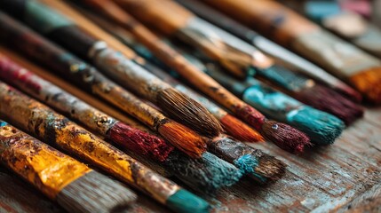 Obraz premium Set of accessories for painting with brushes and paints concept. A close-up of colorful, well-used paintbrushes on a wooden table.