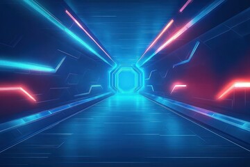 Futuristic tunnel corridor glowing with blue and red neon lights creating a sense of depth and motion