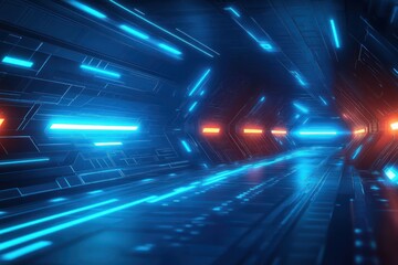 Futuristic digital tunnel illuminated with bright blue and orange neon lights creating a sense of speed and technology