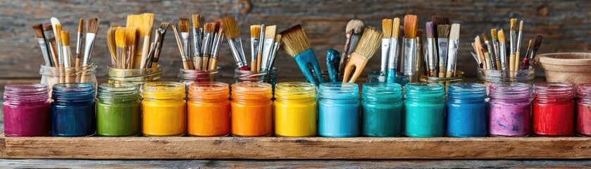 Fototapeta premium Set of accessories for painting with brushes and paints concept. A vibrant display of paint jars and brushes for creative projects.
