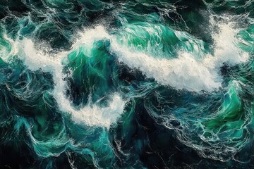 powerful turbulent ocean waves crashing with white foam and swirling deep green and blue water under natural light