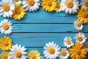 Obraz premium White and yellow daisies arranged in a frame shape on a blue wooden surface, evoking a bright and cheerful springtime atmosphere