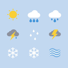 Diverse Weather Icons Sun, Clouds, Rain, Thunder, Snow, and Wind Graphic Set