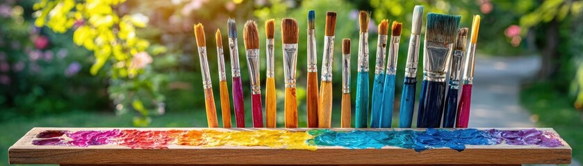 Fototapeta premium Set of accessories for painting with brushes and paints concept. A vibrant display of paintbrushes and colorful paints outdoors.