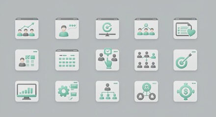 A collection of modern business management and human resources icons in a green and gray color scheme.