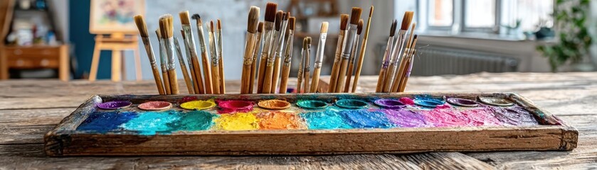 Obraz premium Set of accessories for painting with brushes and paints concept. A vibrant palette with paint and brushes on a rustic wooden table.