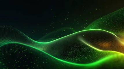 Abstract flowing waves composed of small glowing green and yellow particles on a dark background, creating a sense of depth and dynamic motion