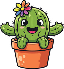 Cute smiling cactus in flower pot, cartoon succulent plant illustration, happy green character art, adorable houseplant vector design